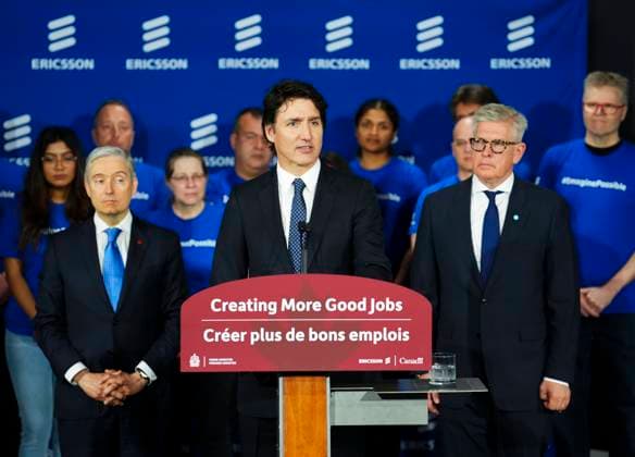 April 17, 2023, Ottawa, ON, CAN: Prime Minister Justin Trudeau speaks as he is joined by Borje Ekholm, right, President and CEO of Ericsson and Minister of Innovation, Science and Industry Francois-Philippe Champagne during an announcement and press conference at Ericsson in Ottawa on Monday, April 17, 2023. Ottawa CAN  - ZUMAc35_ 20230417_zaf_c35_029 Copyright: xSeanxKilpatrickx