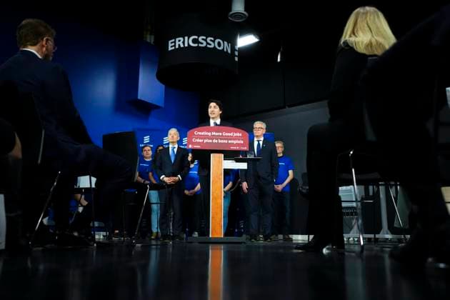 April 17, 2023, Ottawa, ON, CAN: Prime Minister Justin Trudeau speaks as he is joined by Borje Ekholm, second from right, President and CEO of Ericsson and Minister of Innovation, Science and Industry Francois-Philippe Champagne during an announcement and press conference at Ericsson in Ottawa on Monday, April 17, 2023. Ottawa CAN  - ZUMAc35_ 20230417_zaf_c35_031 Copyright: xSeanxKilpatrickx