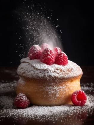 RECORD DATE NOT STATED An AI generated illustration of a freshly-baked dessert featuring a powdered pastry adorned with raspberries *** An&Verkauf AI generiert illustrierung des einer freshly gebacken Süßspeise featuring einer gepudert Mehlspeise geschmückt mit Himbeeren 19103503