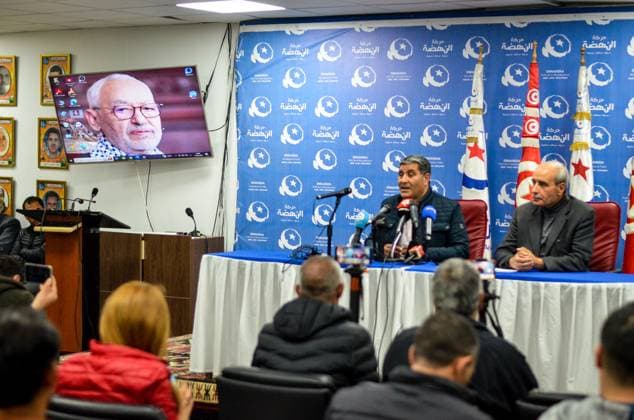 News Themen der Woche KW16 April 17, 2023, Tunis, Tunisia: Tunis, Tunisia. 17 April 2023. A press conference is held at the Ennahda Party s headquarters following the arrest of its leader Rached Ghannouchi for interrogation late on Monday. The Ennahda Party called for the release of Ghannouchi and for and end of the authorities oppression of political activists opposing the government Tunis Tunisia - ZUMAd99_ 20230417_zap_d99_027 Copyright: xHasanxMradx