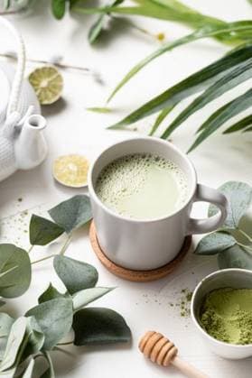 RECORD DATE NOT STATED A vertical shot of Green tea latte with milk in a white cup with green leaves and wooden spoon *** einer hoch erschossen des Grün Tee latte mit Milch ÊIn einer weiß Tasse mit Grün verlässt und hölzern löffeln 201075