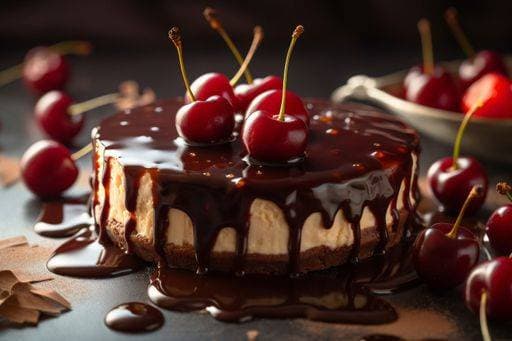 RECORD DATE NOT STATED An AI generated illustration of chocolate cake with a thick layer of chocolate sauce and fresh cherries on top, perfect for special occasions *** An&Verkauf AI generiert illustrierung des Schokolade Kuchen mit einer dicken Schicht des Schokolade Soße und Frisch Kirschen am top, perfekt für Spezial Anlaesse 19124311