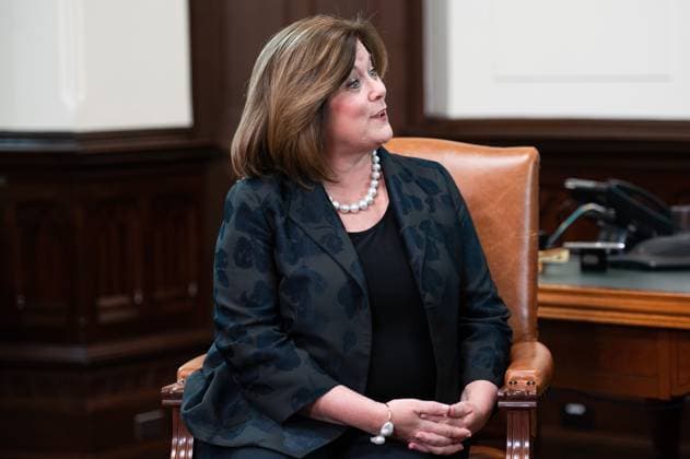 April 19, 2023, Ottawa, ON, Canada: U.S. Chamber of Commerce President and CEO, Suzanne P. Clark, meets with Prime Minister Justin Trudeau (not pictured) in his West Block office on Parliament Hill in Ottawa, on Wednesday, April 19, 2023. Ottawa Canada  - ZUMAc35_ 20230419_zaf_c35_122 Copyright: xSpencerxColbyx