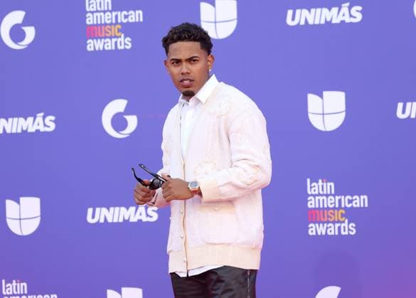 Myke Towers attends the 8th annual Latin American Music Awards at the MGM Grand Garden Arena in Las Vegas on Thursday, April 20, 2023. The annual event honors outstanding achievements for artists in the Latin music industry.  LAV2023042262 JAMESxATOA