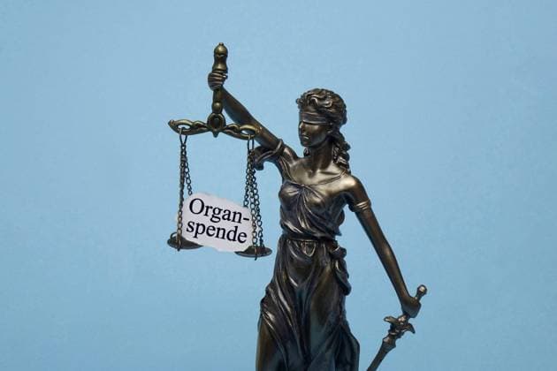 Justitia und Schriftzug Organspende Justitia und Schriftzug Organspende, 21.04.2023, Borkwalde, Brandenburg, Das Modell der Justitia trägt den Schriftzug Organspende. *** Justitia and writing organ donation Justitia and writing organ donation, 21 04 2023, Borkwalde, Brandenburg, The model of the Justitia carries the writing organ donation