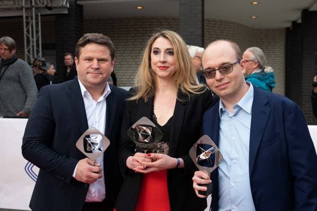 Grimmepreis fuer eine besondere journalistische Leistung fuer das Magazin Kontraste, v.l. Georg HEIL, Lisa WANDT, Silvio DUWE, Roter Teppich, Red Carpet Show, Ankunft, arrival, 59. Verleihung des Adolf-Grimme-Preises Adolf-Grimme-Preis Grimmepreis in Marl, 21.04.2023. oÂ¥Ã‚