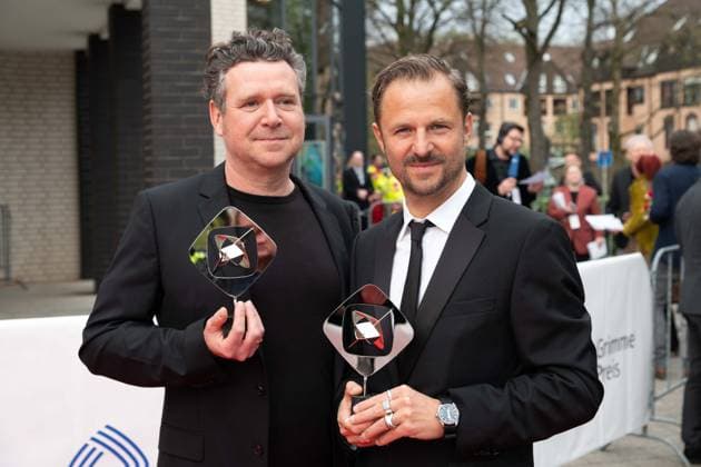 Grimmepreis fuer die Wannseekonferenz, v.l. Magnus VATTRODT, Buch, Philipp HOCHMAIR, Schauspieler, Roter Teppich, Red Carpet Show, Ankunft, arrival, 59. Verleihung des Adolf-Grimme-Preises Adolf-Grimme-Preis Grimmepreis in Marl, 21.04.2023. o¥Â