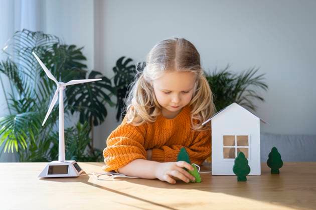 Girl playing with tree models on table at home model released, Symbolfoto property released, AAZF00175