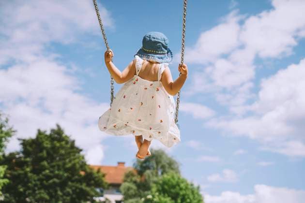 Girl swinging on swing in front of cloudy sky model released, Symbolfoto, NDEF00458