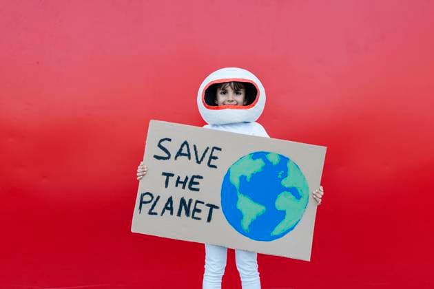 Girl wearing astronaut costume holding Save The Planet placard against red background model released, Symbolfoto property released, JCZF01220