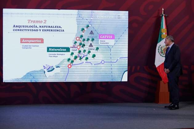 AndrÃ s Manuel Lopez Obrador, President Of Mexico, Tests Positive For COVID-19 Adan Augusto Lopez Hernandez, Secretary of the Interior, watches slides of the construction of the Mayan Train while leading a morning conference at the National Palace in Mexico City, after Andres Manuel Lopez Obrador, President of Mexico, reported yesterday through his social networks that he tested positive for COVID-19, mentioning that it is not serious and that his heart is in optimal condition. Mexico City Mexico  Copyright: xGerardoxVieyrax originalFilename: vieyra-notitle230424_npRW8.jpg