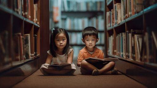 RECORD DATE NOT STATED An AI generated illustration of two asian children are studying together in a library *** An&Verkauf AI generiert illustrierung des Zwei asiatisch Kinder sind studierend zusammen ÊIn einer Bibliothek 19234018 ,property released