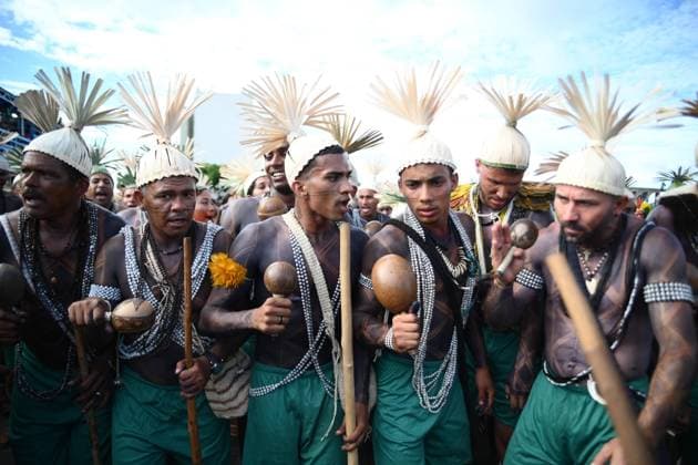 BRASÍLIA, DF - 24.04.2023: ACAMPAMENTO TERRA LIVRE EM BRASÍLIA - Photo, Indigenous people during the march to act in front of the National Congress. This Monday (24th) begins the 19th Free Land Camp (ATL) which will take place from April 24th to 28th in Brasilia. The camp will be attended by 6,000 indigenous people and more than 200 native peoples. x2364677x  TonxMolina
