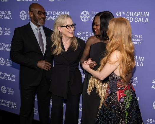 (L-R) Julius Tennon, Meryl Streep, Viola Davis, and Jessica Chastain arrive on the red carpet at the 48th Chaplin Award Gala honoring Viola Davis at Alice Tully Hall, Lincoln Center in New York City on Monday, April 24, 2023.  NYP20230424526 GabrielexHoltermann