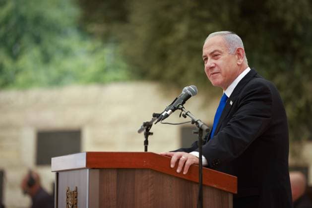 (230425) -- JERUSALEM, April 25, 2023 -- Israeli Prime Minister Benjamin Netanyahu speaks at a memorial ceremony on Israel s Memorial Day for fallen soldiers and terror victims at Mount Herzl, where the country s main military cemetery is located, in Jerusalem, April 25, 2023. ( Handout via Xinhua) MIDEAST-JERUSALEM-ISRAEL-MEMORIAL DAY-NETANYAHU ErikxMarmor JINI 
