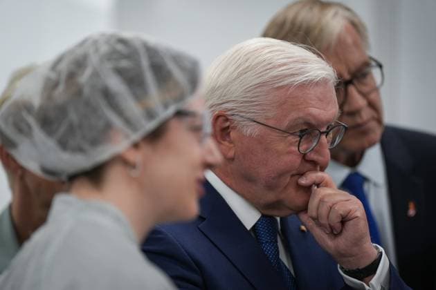 April 25, 2023, BURNABY, BC, CANADA: Germany President Frank-Walter Steinmeier listens during a tour of fuel cell stack manufacturer, Cellcentric Canada, in Burnaby, B.C., Tuesday, April 25, 2023. BURNABY CANADA - ZUMAc35_ 20230425_zaf_c35_058 Copyright: xDarrylxDyckx