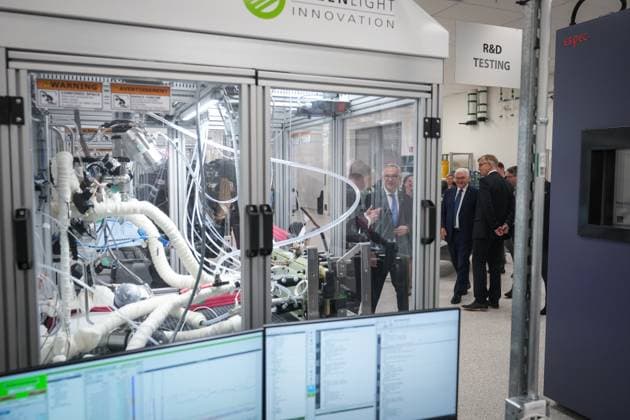 April 25, 2023, BURNABY, BC, CANADA: Germany President Frank-Walter Steinmeier, right, tours fuel cell stack manufacturer, Cellcentric Canada, in Burnaby, B.C., Tuesday, April 25, 2023. BURNABY CANADA - ZUMAc35_ 20230425_zaf_c35_063 Copyright: xDarrylxDyckx