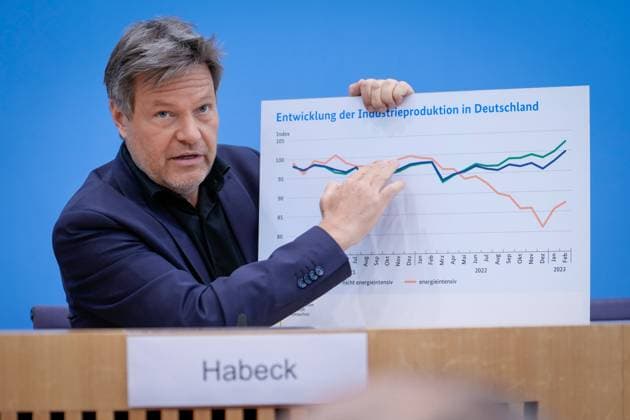 News Themen der Woche KW17 News Bilder des Tages Bundespressekonferenz zu Fruehjahresprojektion der Bundesregierung Aktuell,26.04.2023, Berlin, Bundesminister fuer Wirtschaft und Klimaschutz Robert Habeck mit dem Schaubild Entwicklung der Industrieproduktionen in Deutschland bei der Bundespressekonferenz in Berlin zum Thema Fruehjahresprojektion der Bundesregierung Berlin Berlin Deutschland *** Federal Press Conference on Spring Projection of the Federal Government Current,26 04 2023, Berlin, Federal Minister for Economic Affairs and Climate Protection Robert Habeck with the chart Development of industrial production in Germany at the Federal Press Conference in Berlin on the subject of Spring Projection of the Federal Government Berlin Germany