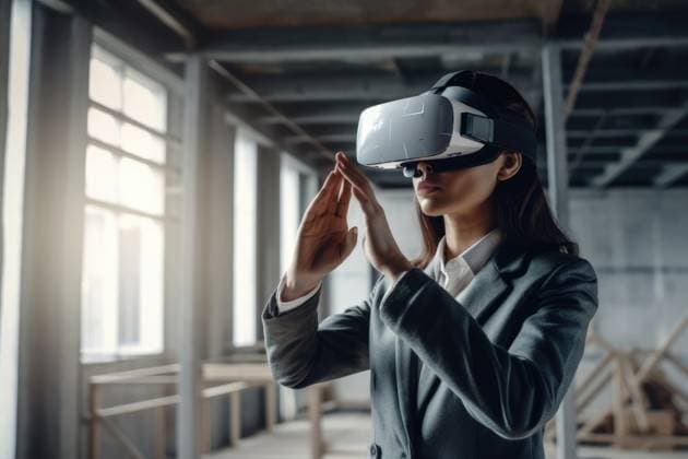RECORD DATE NOT STATED Generative AI illustration of woman in formal clothes and VR headset standing in room with raised arms while playing game Generative AI illustration of architect woman in formal clothes in room with raised arms while working in a construction site GabrielTrujillo_ID13577_412339_003 Copyright: xGabrielxTrujillox Model Released
