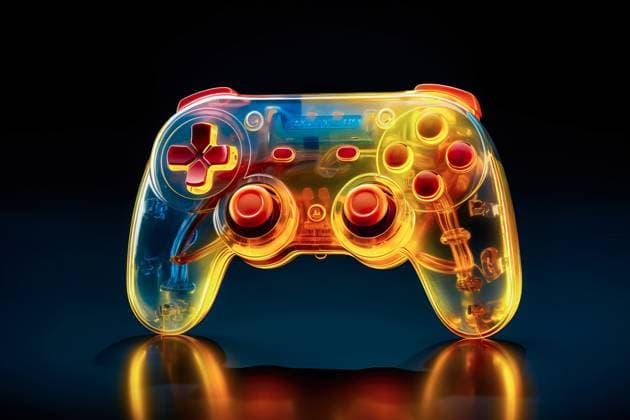 RECORD DATE NOT STATED Generative AI illustration of modern transparent plastic joystick placed on black background surface HodeiUnzueta_ID13647_414404_007 Copyright: xHodeixUnzuetax Model Released