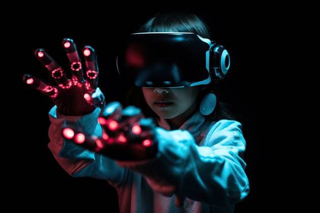 RECORD DATE NOT STATED Generative AI illustration of serious boy wearing VR headset and futuristic clothes with glowing gloves exploring cyberspace in dark room Generative AI illustration of serious boy wearing VR headset and futuristic clothes with glowing gloves exploring cyberspace in dark room ManuelRuiz_ID13818_417600_002 Copyright: xManuelxRuizx Model Released