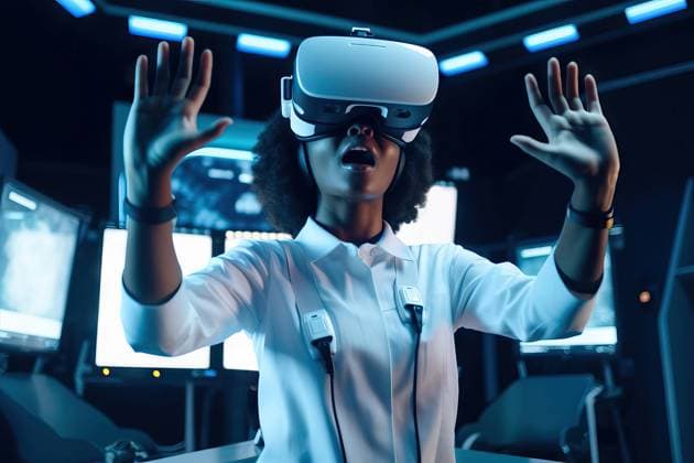 RECORD DATE NOT STATED Generative AI illustration of black woman in white suit and virtual reality goggles experiencing another world while standing with raised arms in futuristic room ManuelRuiz_ID13818_417605_007 Copyright: xManuelxRuizx Model Released