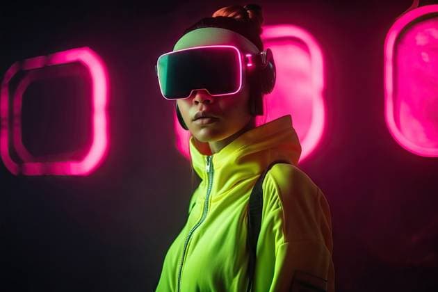 RECORD DATE NOT STATED Generative AI illustration of serious young woman in bright jacket wearing virtual reality headset standing against neon illumination while experiencing cyberspace Generative AI illustration of serious young woman in bright jacket wearing virtual reality headset standing against neon illumination while experiencing cyberspace ManuelRuiz_ID13818_417609_011 Copyright: xManuelxRuizx Model Released