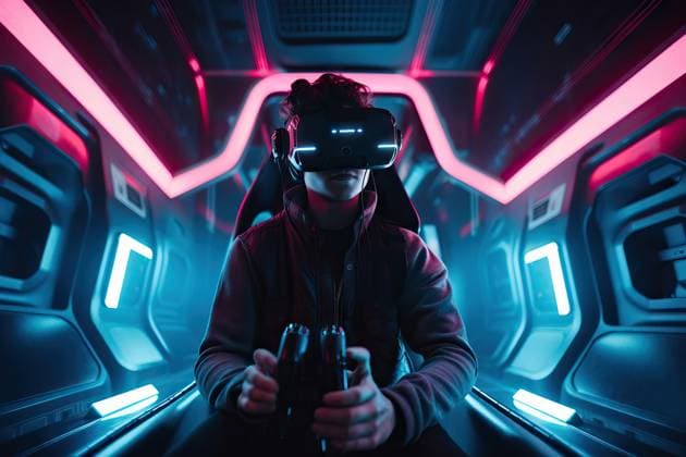 RECORD DATE NOT STATED Generative AI illustration of serious man in virtual headset sitting in futuristic illuminated tunnel with glowing lights and looking away while exploring cyberspace Generative AI illustration of serious man in virtual headset sitting in futuristic illuminated tunnel with glowing lights and looking away while exploring cyberspace ManuelRuiz_ID13818_417612_014 Copyright: xManuelxRuizx Model Released
