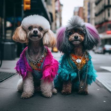 RECORD DATE NOT STATED An AI-generated illustration of adorable dogs wearing dresses in the street. *** An&Verkauf AI generiert illustrierung des bezaubernd Hunde wearing Kleider ÊIn der Straße 19201795