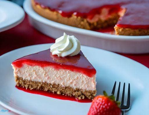 RECORD DATE NOT STATED An AI generated illustration of a slice of cheesecake topped with a layer of strawberry jam *** An&Verkauf AI generiert illustrierung des einer Scheibchen des Käsekuchen topped mit einer Schicht des Erdbeere Marmelade 19219605