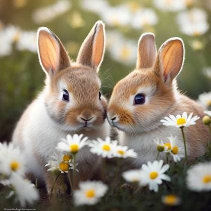 RECORD DATE NOT STATED An AI generated illustration of two cute rabbits in a lush green field surrounded by daisies *** An&Verkauf AI generiert illustrierung des Zwei niedlich Rassekaninchen ÊIn einer ueppige Grün Feld umgeben indem Gänseblümchen 19268890