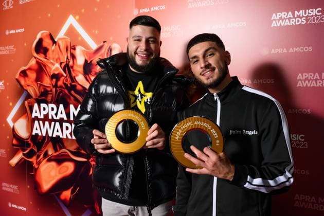 2023 APRA MUSIC AWARDS, BROTHERS with their APRA Award for Most Performed Hip Hop Rap Work the 2023 APRA Music Awards at the International Convention Centre, in Sydney, Thursday, April 27, 2023. ( NO ARCHIVING, EDITORIAL USE ONLY, NO USE IN BOOKS WITHOUT CONSENT SYDNEY NSW AUSTRALIA  Copyright: xJAMESxGOURLEYx 20230427001791492527