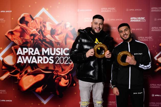 2023 APRA MUSIC AWARDS, BROTHERS with their APRA Award for Most Performed Hip Hop Rap Work the 2023 APRA Music Awards at the International Convention Centre, in Sydney, Thursday, April 27, 2023. ( NO ARCHIVING, EDITORIAL USE ONLY, NO USE IN BOOKS WITHOUT CONSENT SYDNEY NSW AUSTRALIA  Copyright: xJAMESxGOURLEYx 20230427001791492655