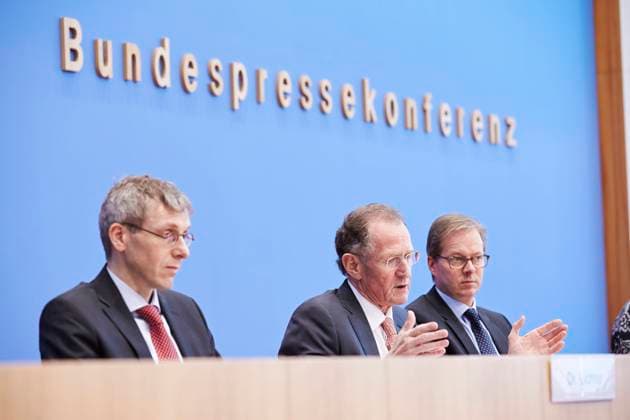 Education Minister Wanka speechs on the 3rd Annual Meeting diversity advantage Berlin, Germany. December 2nd, 2013. Bundespresskonferenz: Armin von Buttlar, executive director of Aktion Mensch, and Ruerup, President of the Handelsblatt Research Institute, and Lichter, Head of Research Department HBRI, speak on the Index for including labor, the labor market situation for people with disabilities. Picture: Dr. Lichter (r) Professor Dr. Bert Rürup (c), President of Handelsblatt Research Institute, and Armin von Buttlar (l), Aktion Mensch Executive Director, pictured together during a press conference in Berlin. Copyright: xZoonar.com ReynaldoxPaganellix 5424613