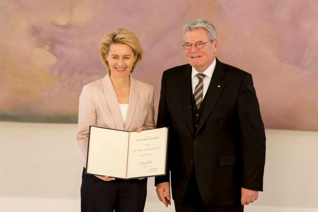 New ministers are appointed by german President Joaquim Gauck in Berlin. Berlin, Germany. December 17th, 2013. The New ministers are appointed by german President Joaquim Gauck aside the New german Chancellor Merkel at Bellevue in Berlin. Picture: Ursula von der Leyen (CDU), Minister of Defence, and President Joaquim Gauck Copyright: xZoonar.com ReynaldoxPaganellix 5470675