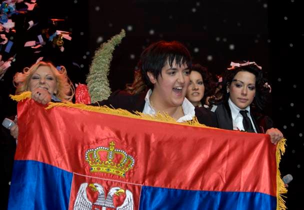 HELSINGFORS 20070513 Serbiens Marija Serifovic viftar med den serbiska flaggan efter att ha vunnit finalen i Eurovision Song Contest 2007 i Helsingfors med bidraget Molitva . HELSINGFORS FINLAND x10060x *** HELSINGFORS 20070513 Serbias Marija Serifovic waves the Serbian flag after winning the final of the Eurovision Song Contest 2007 in Helsinki with the entry Molitva HELSINGFORS FINLAND x10060x  Copyright: xHENRIKxMONTGOMERYx EUROVISION SONG CONTEST 2007