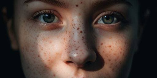 RECORD DATE NOT STATED An AI generated illustration of a portrait of a person with natural freckles across their cheeks and nose *** An&Verkauf AI generiert illustrierung des einer Porträt des einer person mit natürliche Sommersprossen hochquer ihrem Wangen und Nase 19239089 ,property released