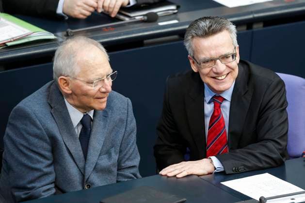 Delivery of a governmental declaration by Merkel in Bundestag Delivery of a governmental declaration by the German Chancellor Angela Merkel in the Bundestag on March 19, 2015 in Berlin, Germany. Picture: Wolfgang Schäuble (CDU), German Minister of Finance, and Thomas de Maiziere (CDU), German Minister of Interior. Copyright: xZoonar.com ReynaldoxPaganellix 6992115