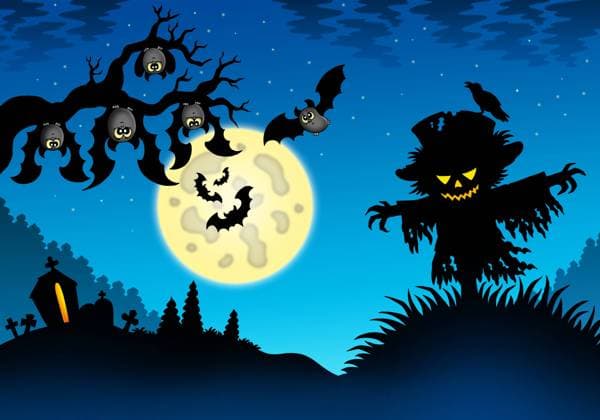 Halloween landscape with scarecrow - color illustration. Copyright: xKlaraxViskovax xDesignxPicsx , 30557232 Copyright: KlaraxViskovax xDesignxPics 30557232