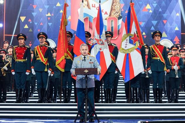 RUSSIA, MOSCOW - APRIL 29, 2023: Russia s Defence Minister Sergei Shoigu speaks at a concert marking the centenary of the CSKA sports club at the Central Academic Theatre of the Russian Army. Vadim Savitsky Russian Defence Ministry Press Office TASS  58742369