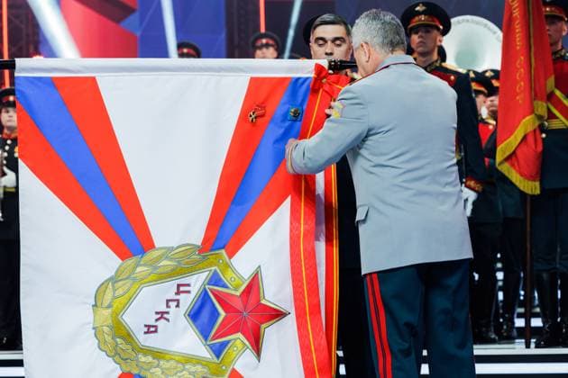 RUSSIA, MOSCOW - APRIL 29, 2023: Russia s Defence Minister Sergei Shoigu (R) awards Russia s Order of Alexander Nevsky to the CSKA sports club at a concert marking CSKA s centenary at the Central Academic Theatre of the Russian Army. Vadim Savitsky Russian Defence Ministry Press Office TASS  58742655