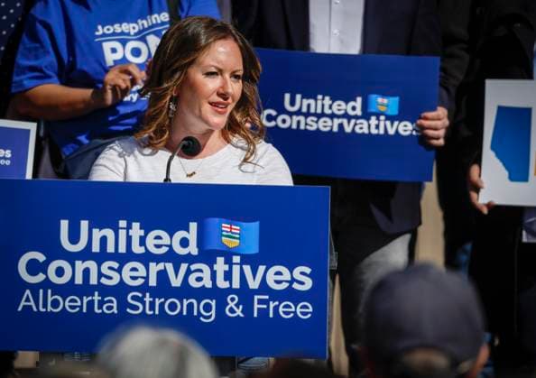 April 29, 2023, Calgary, AB, CANADA: United Conservative Party MLA Rebecca Schulz speaks at a campaign launch rally in Calgary, Alta., Saturday, April 29, 2023. Albertans go to the poles in a provincial election in May. Calgary CANADA  - ZUMAc35_ 20230429_zaf_c35_003 Copyright: xJeffxMcintoshx