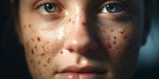 RECORD DATE NOT STATED An AI-generated illustration of a close-up portrait of a smiling young woman with freckles on her face *** An&Verkauf AI generiert illustrierung des einer schließen Aufwärts Porträt des einer lächelnd Jung Frau mit Sommersprossen am her Gesicht 19239086 ,property released