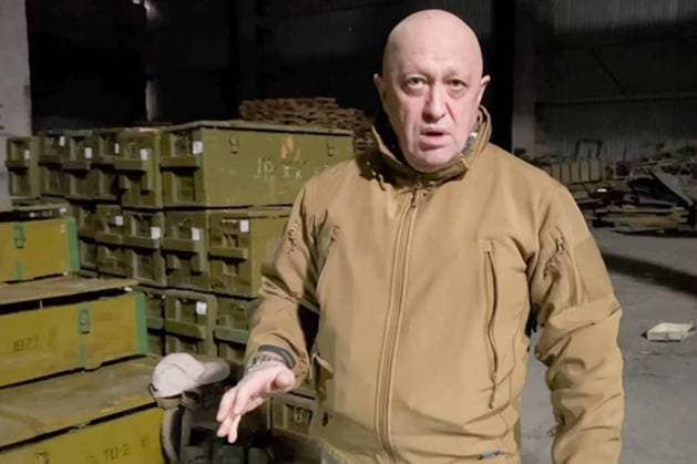 RUSSIA, SOLEDAR - MAY 1, 2023: PMC Wagner founder Yevgeny Prigozhin speaks of weapons captured by PMC Wagner fighters in underground vaults in the city of Soledar. Some 5km long, the vaults are set 150 meters below ground. Best quality available. Video screen grab. Konkord Company Press Service TASS  58791099