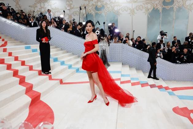 Kelsey Asbille Chow arrives on the red carpet for The Met Gala at The Metropolitan Museum of Art celebrating the opening of Karl Lagerfeld: A Line of Beauty in New York City on Monday, May 1, 2023.  NYP20230501638 JOHNxANGELILLO