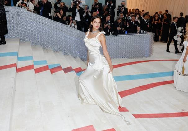 Irina Shayk arrives on the red carpet for The Met Gala at The Metropolitan Museum of Art celebrating the opening of Karl Lagerfeld: A Line of Beauty in New York City on Monday, May 1, 2023.  NYP202305012941 JOHNxANGELILLO