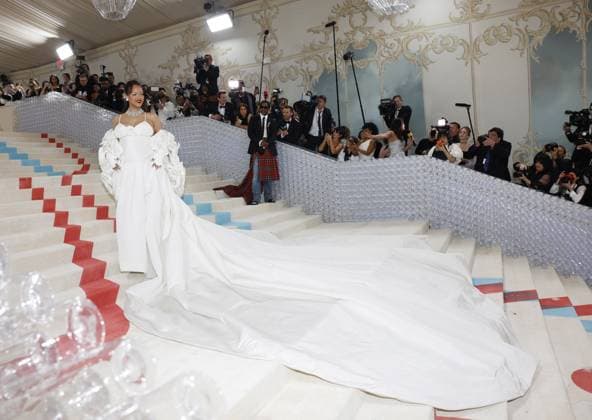 Rihanna arrives on the red carpet for The Met Gala at The Metropolitan Museum of Art celebrating the opening of Karl Lagerfeld: A Line of Beauty in New York City on Monday, May 1, 2023.  NYP202305018001 JOHNxANGELILLO