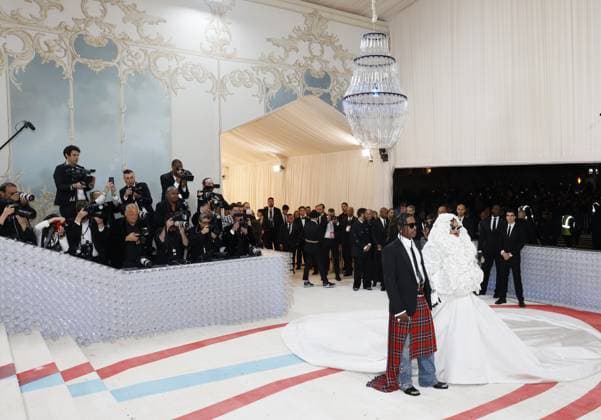 Rihanna and A$AP Rocky arrive on the red carpet for The Met Gala at The Metropolitan Museum of Art celebrating the opening of Karl Lagerfeld: A Line of Beauty in New York City on Monday, May 1, 2023.  NYP202305018005 JOHNxANGELILLO