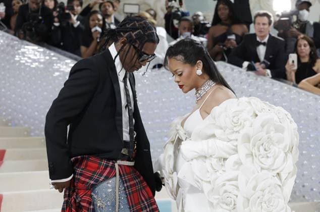 Rihanna and A$AP Rocky arrive on the red carpet for The Met Gala at The Metropolitan Museum of Art celebrating the opening of Karl Lagerfeld: A Line of Beauty in New York City on Monday, May 1, 2023.  NYP202305018015 JOHNxANGELILLO
