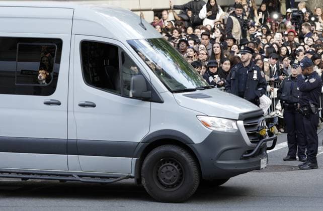 A dog looks out of a car window and fans stand on Fifth Avenue and watch the red carpet arrivals for The Met Gala at The Metropolitan Museum of Art celebrating the opening of Karl Lagerfeld: A Line of Beauty in New York City on Monday, May 1, 2023.  NYP202305013003 JOHNxANGELILLO